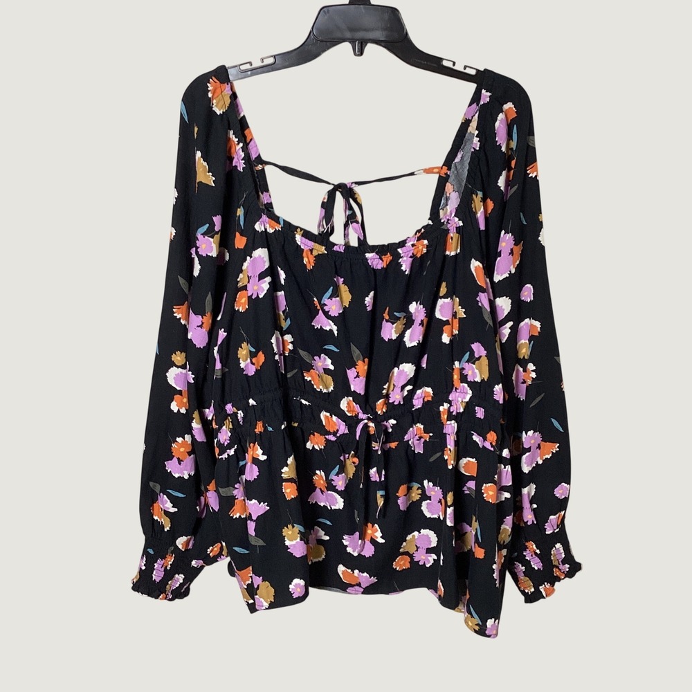 Ava & Viv Floral Peplum Blouse Womens 4X Black Boho Cotton Square Neck Smocked